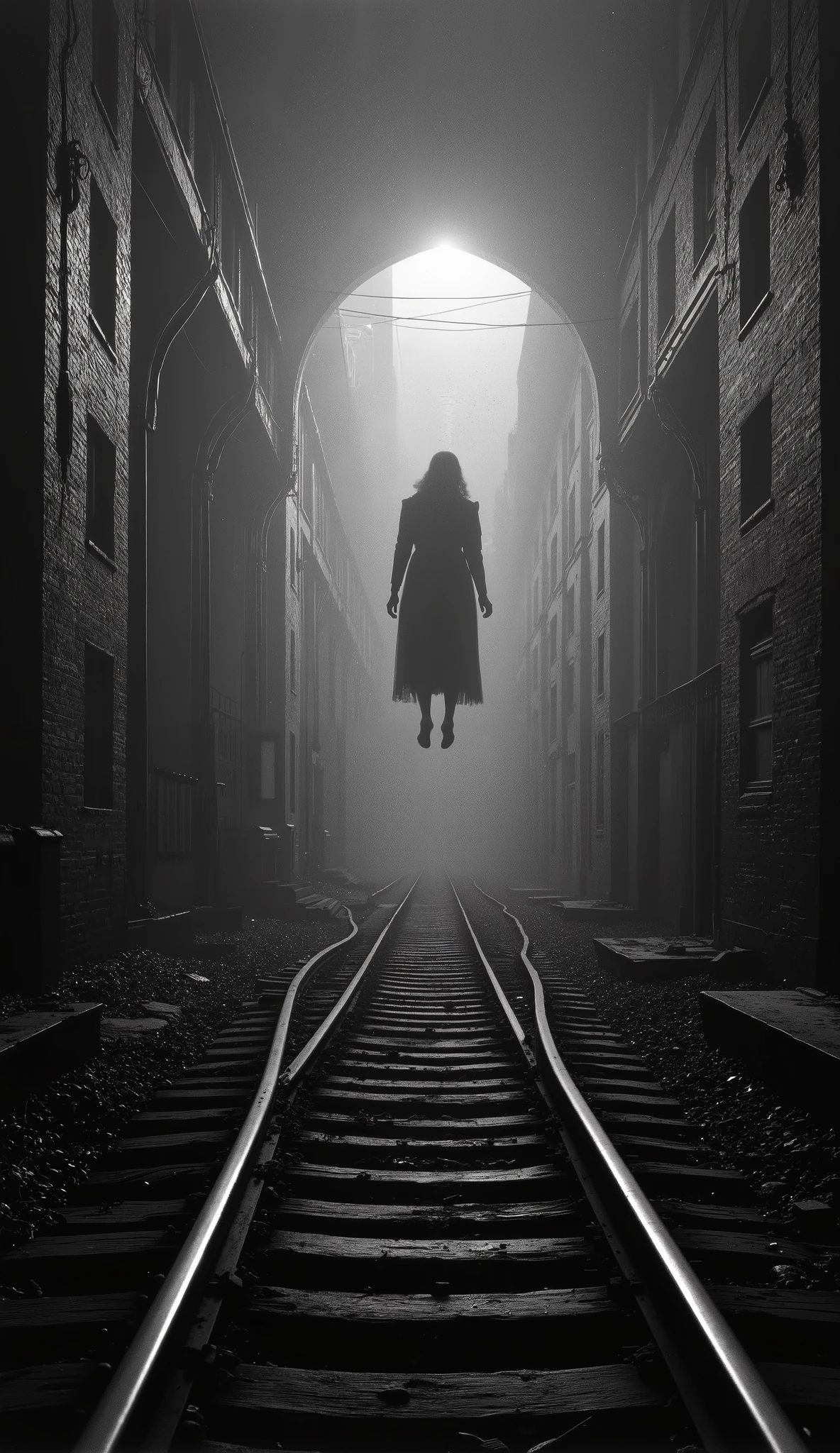 1925 Dramatic shot of the train track, track in which the ghostly and sinister figure in the distance of a dark woman, Faceless is floating on the, Cinematic, surreal style, with a dreamlike atmosphere.