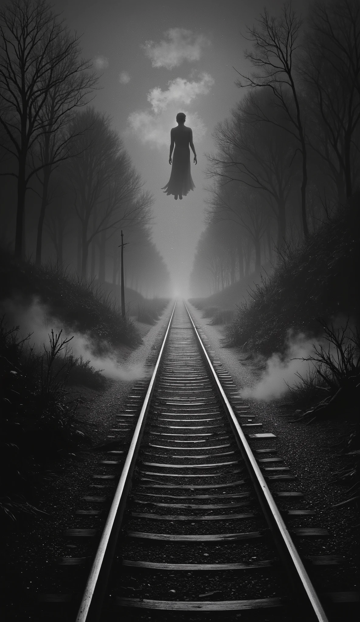 1925 Dramatic shot of the train track, track in which the ghostly and sinister figure in the distance of a dark woman, Faceless is floating on the, Cinematic, surreal style, with a dreamlike atmosphere. 