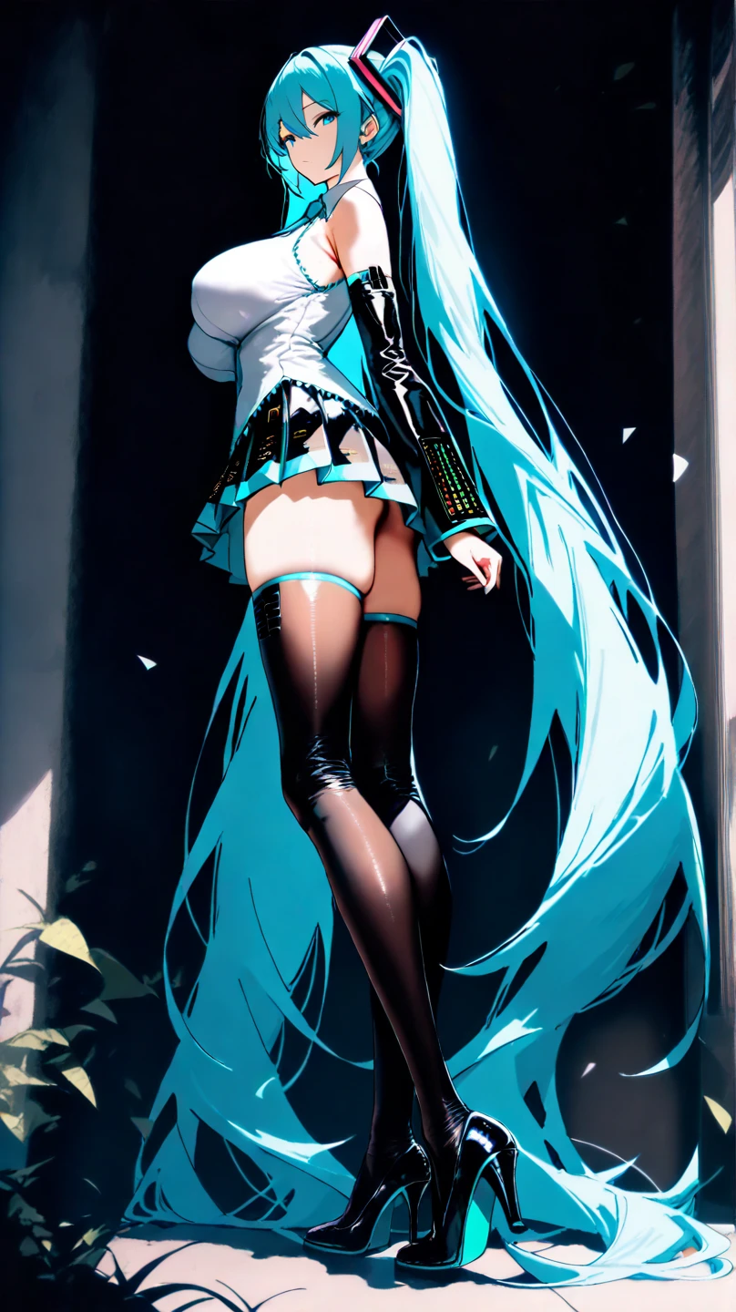 a cartoon image of a little green-haired girl in ice armor and knee-high silver armored boots and silver ring on her upper arms and scarf and tied hair