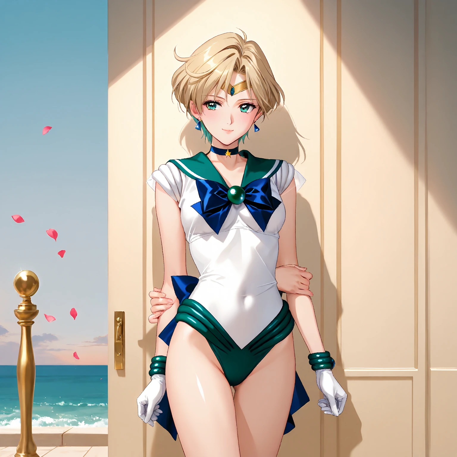 (The best quality:1.1), (masterpiece:1.4), (absurdities:1.0), portrait, foreground,1girl, Sailor Uranus, KizukiAi, mature woman, small breasts, aqua eyes, blond hair, Uniforme Sailor Senshi, Sailor Necklace, chest arch, rear arch, Supplicant skirt, White elbow gloves, big booty, Ultra miniskirt , jewely, earrings, leaning on a balcony, backwards, showing her butt, BEAUTIFUL BUTTOCKS, (crouched) (micro tanga) (back posture)