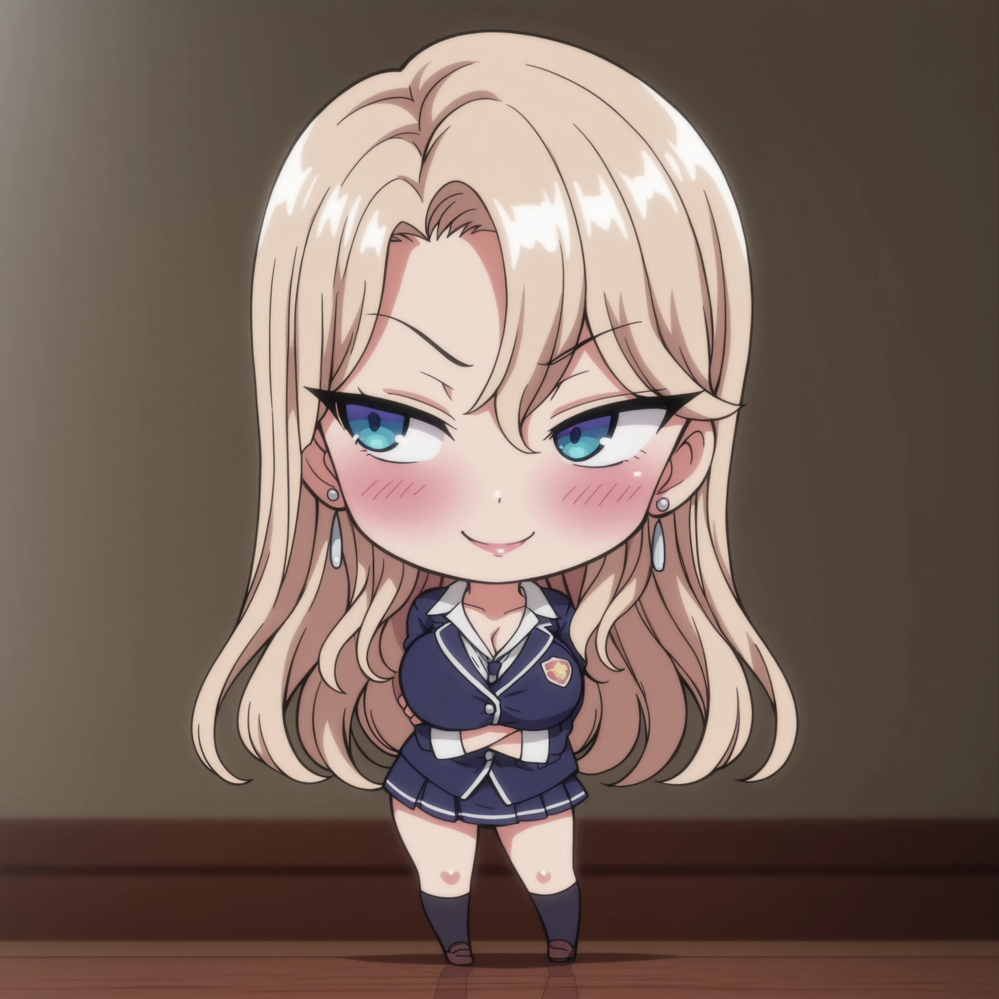 1 girl,Kurashiki Reika, A girl, solo, blonde hair, long hair, blue eyes, cute, happy, blushing, high quality, masterpiece, Very detailed, high quality, high resolution, beautiful, beautiful and perfect face, seductive smile, seductive eyes,looking to the side , school clothes, Big Breasts, Chibi style, full body, sexy, blush, Chibi character, standing, Chibi, sensual pose, side view