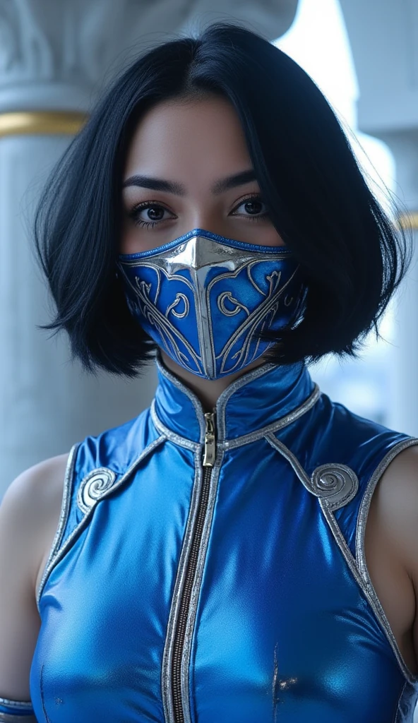 KitanaMK1, black hair, brown eyes,mask, jewelry, blue dress, cleavage,looking serious, candid shot, outside, blue sky, extreme detail, masterpiece, beautiful quality,  <lora:KitanaMK1-10v8:.8>