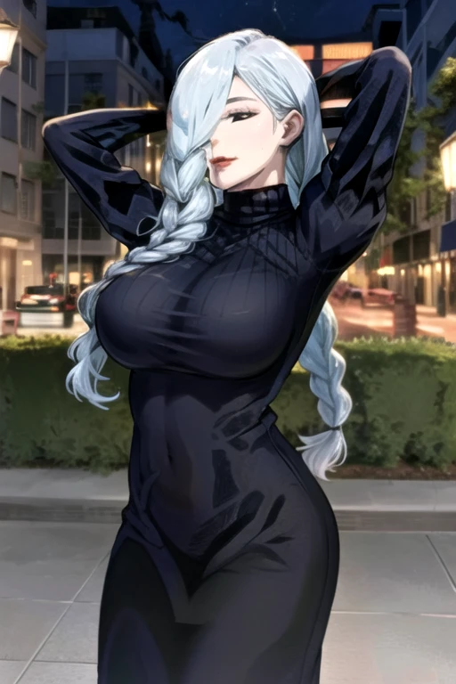 1 girl, alone, mei mei, long hair, braid, hair over one eye, dress, smile, black dress, looking at viewer, from the front, pov (from above), large breasts, medium waist, wide hips, round butt ,long sleeves, braided bangs, large breasts, blue hair, braided ponytail, turtleneck sweater dress, cowboy shot, make up, red lips, gray hair, one eye covered, puffy sleeves, red lipstick, closed mouth, turtleneck sweater, session, girl session in, session in, black eyes, half-closed eyes, curves, wide hips, covered navel, impossible clothes, outdoors, night, sky, clouds, stars, streetLights, Lights, buildings, plants, bushes, (squint:1.2), (squint:1.2), break masterpiece, best quality, highly detailed background, perfect lightingbest quality, ((glowing skin, Glowing Skin, detailed skin)), perfect anatomy perfect hands