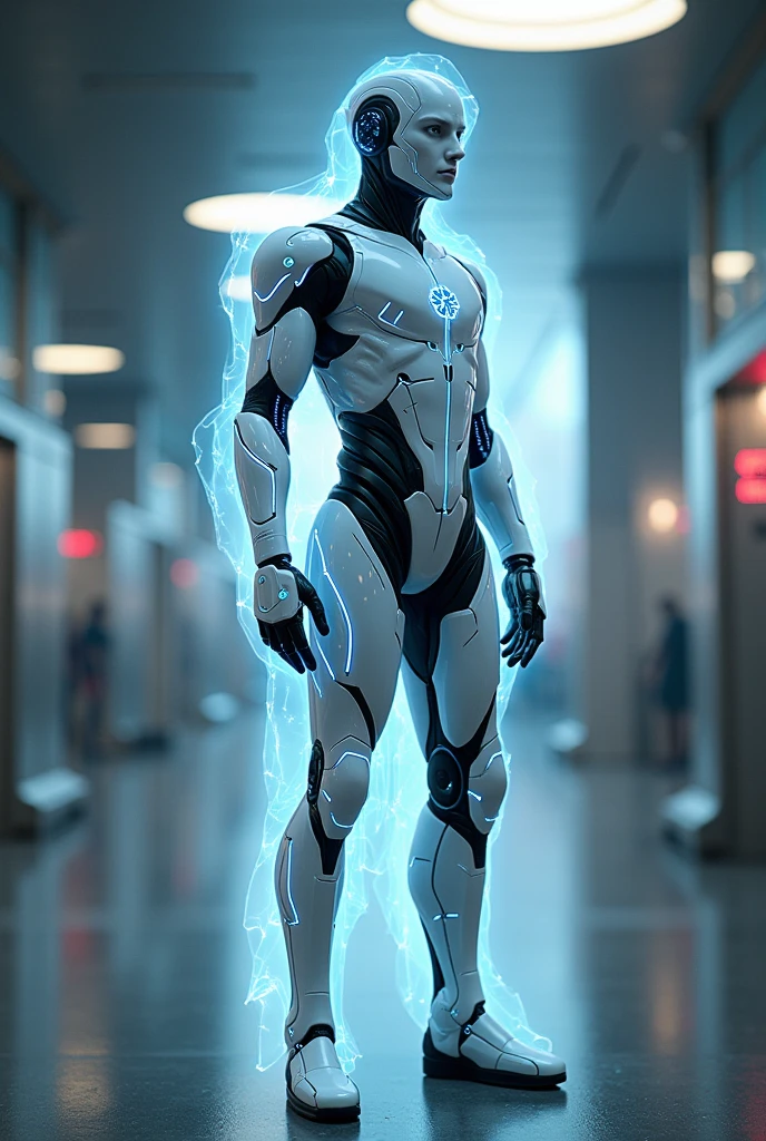 (futuristic, sci fi)Male in all white body suit, blonde hair, white gaunlets, full body suit, hands visible, hair visible, pale skin, beautiful face, masterpiece, white futuristic mouth mask, eyes visible, evil intent, tools in hand, prisoners in background, tool visible