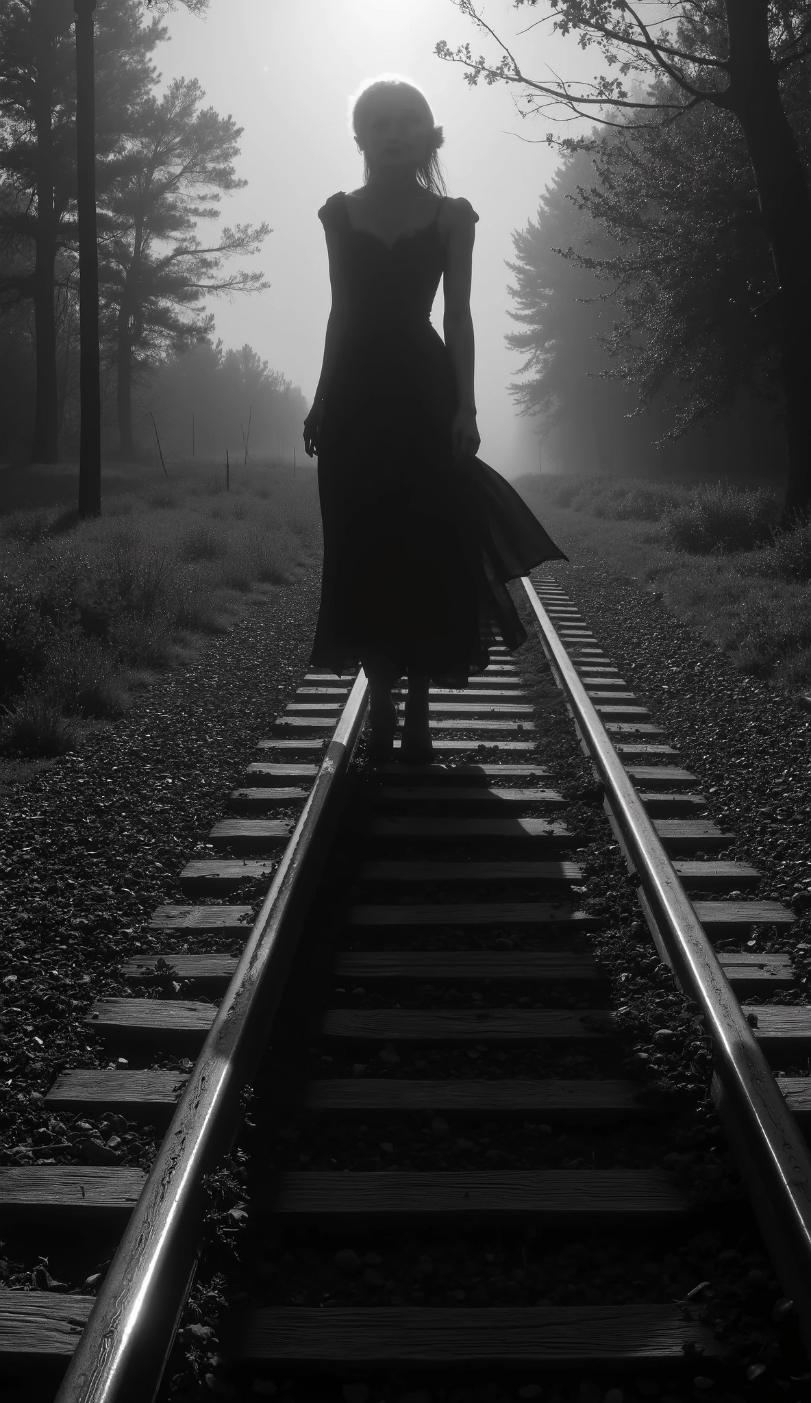 1925 Dramatic shot of the train track, track in which the ghostly and sinister figure in the distance of a dark woman, Faceless is floating on the, Cinematic, surreal style, with a dreamlike atmosphere.