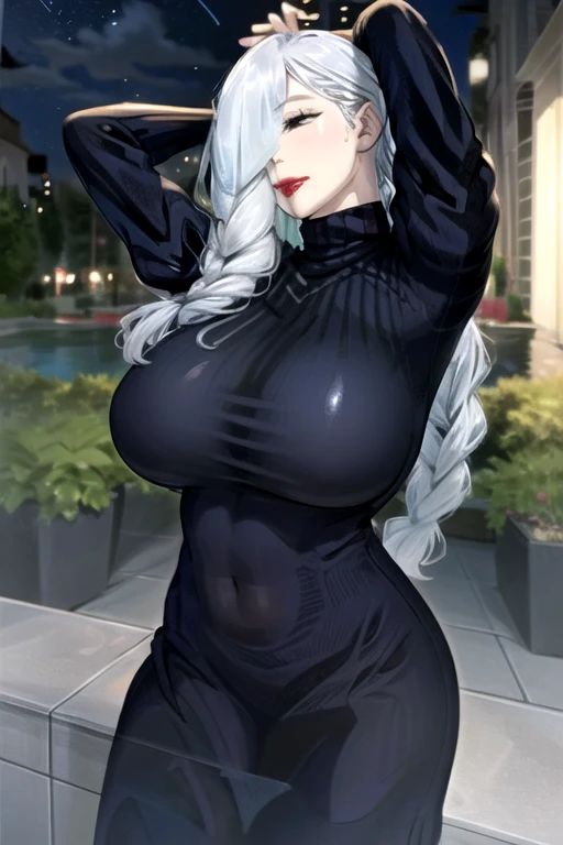 1solofemale drow elf purple skin (Best quality, 4k, Masterpiece :1.3) beautiful woman, hyper realistic, 1girl ((turned back looking sunset)) (drooping breasts, attractive body :1.2) sit-ups :1.1, short red hair: 1.1 (wet rainy, wet by rain, wet body :1.2) ultra-detailed face, detailed lips, detailed eyes, double eyelid, sensual low-necked dress, open neckline, hanging breasts, side pose, visible curves, pool, poolside, red transparent robe, sunglasses, muscular turned leg