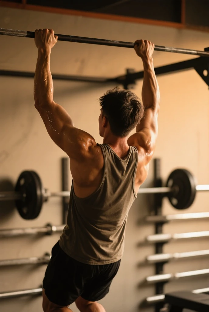 The guy is working out on the horizontal bars