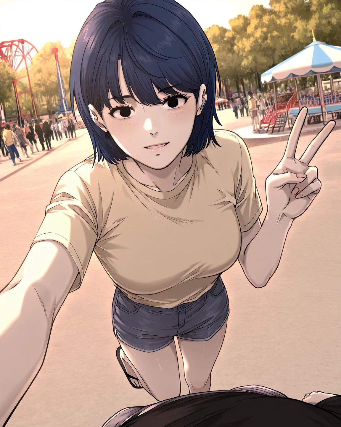 NSFW,A young completely naked girl standing in the crowded green park,at midnight,outside,(crowded),(constricted pupils,scared:1.6,tears:1.1,),fake smile,show teeth,little chest,(best quality,8k,highres,masterpiece:1.4),ultra-detailed,Looking at viewer,black short hair,double peace sign