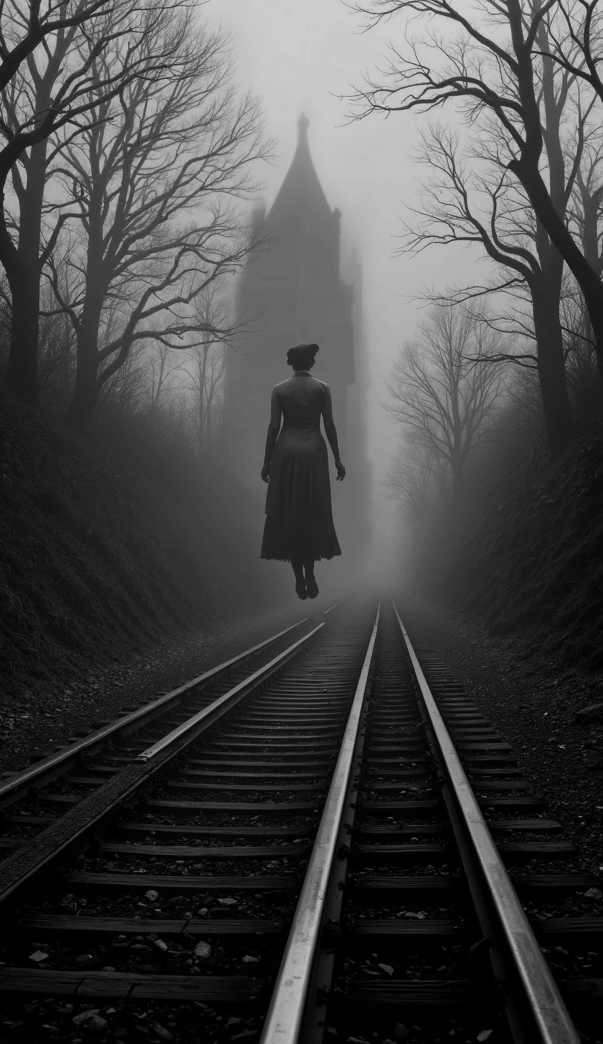 1925 Dramatic shot of the train track, track in which the ghostly and sinister figure in the distance of a dark woman, Faceless is floating on the, Cinematic, surreal style, with a dreamlike atmosphere.