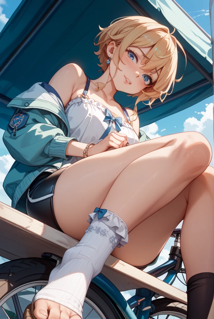 Anime illustration、highest quality、A short and voluptuous high school girl traveller、Tube top、A reciprocating engine plane parked on the runway、Perfect proportions、overwhelmingly big breasts、Beautiful, shining eyes、Blushed、smile、Cowboy Shot