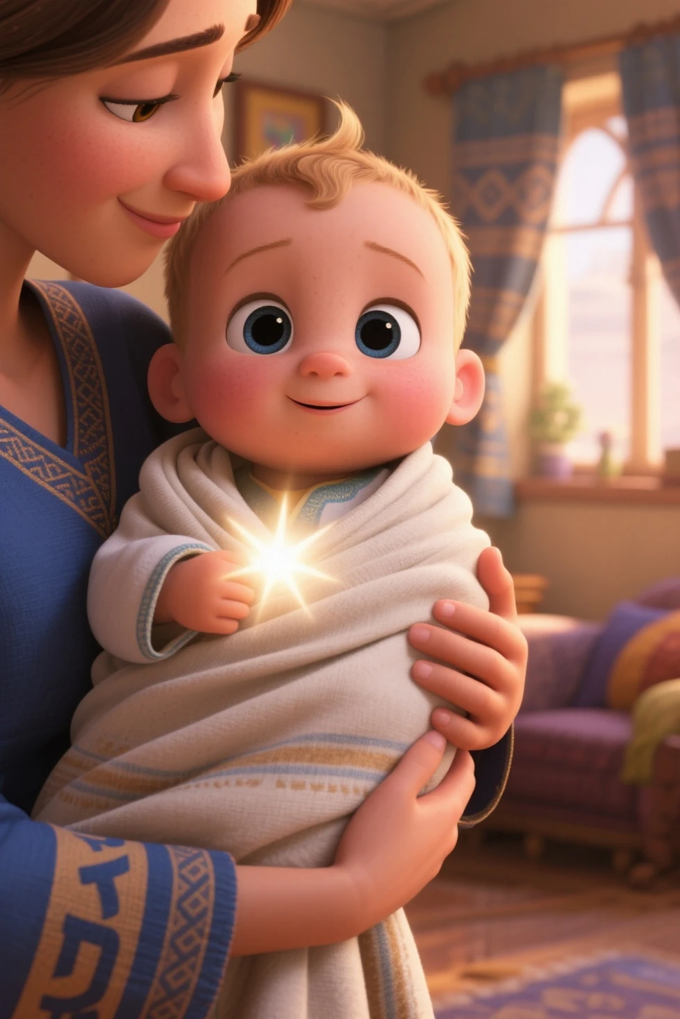 Close a powerful threat, The imposing appearance of the powerful baby-shaped Superman dressed in beige uniform in a manger, menacing stare, ricamente detalhado, Hiper realista, 3D-rendering, obra-prima, NVIDIA, RTX, ray-traced, Bokeh, Night sky with a huge and beautiful full moon, estrelas brilhando, 8k,