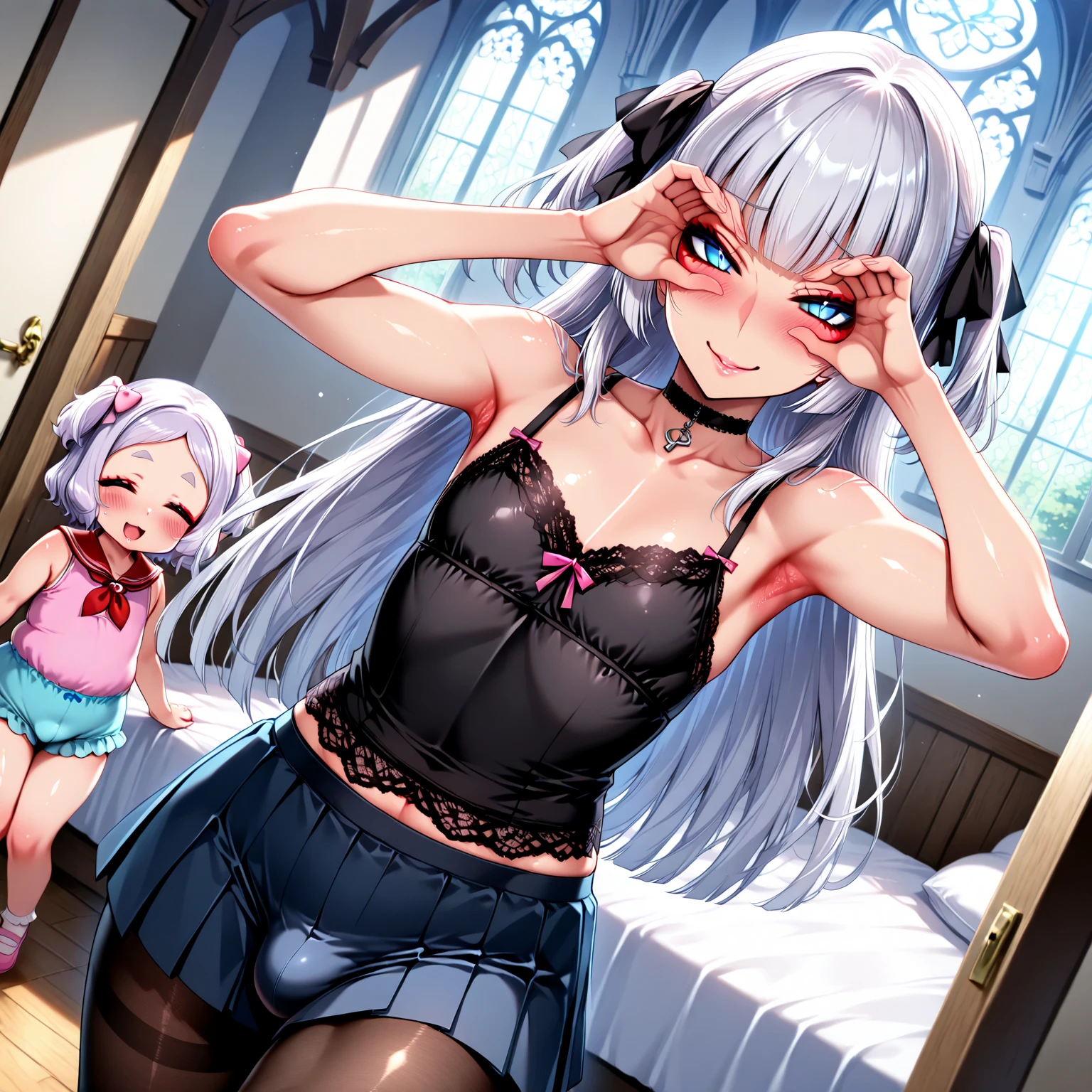 Cute beautiful girl、blush、Open your mouth wide and scream with your tongue out、Gothic ta Lingerie、Wavy Hair、From below、Anal