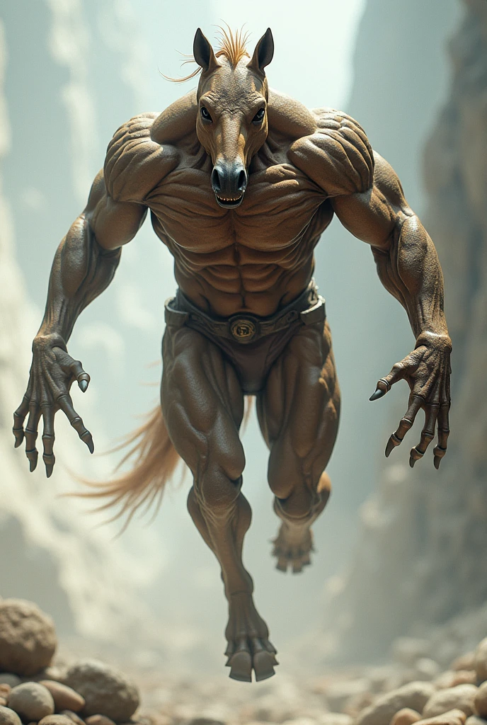 A centaur from Greek mythology walking down a street in a futuristic city