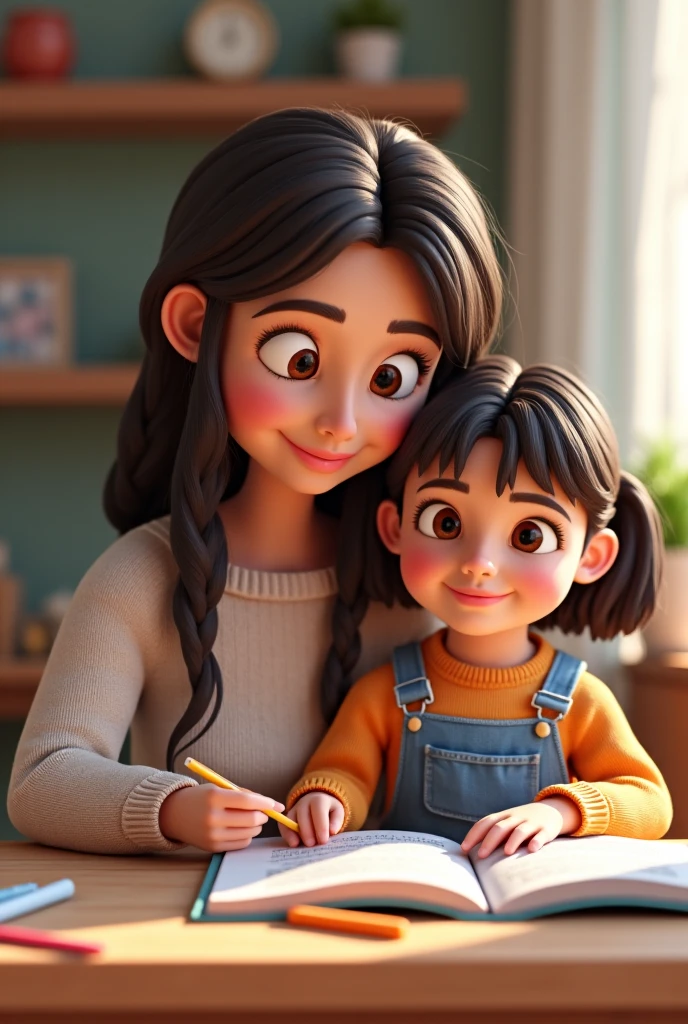 An eleven year old pixar style girl talking to her mother about the yellow book 