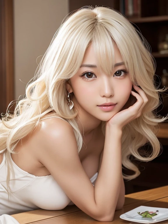 (Tabletop:1.4, Photorealistic:1.4, 8K), Highest quality, masterpiece, Ultra-high resolution, Perfect dynamic composition, Big Face、Round face、((Platinum Blonde Hair:1.0、Long Curly Hair))、Highly detailed skin and facial textures:1.3, Limb details, 1 Girl, Cute and sexy 22 year old Japanese girl, (Sunburned skin:1.0), Tilt'head, ((Totally captivates you:0.9)), ((school uniform、Zippered mini skirt)),Medium Chest, (avert your eyes、Beautiful Eyes, blue eyes、Beautiful erotic eyes:0.85), Sexy Face:0.4, (Mouth closed、Small Mouth、Thick lips、A taste of beautiful eroticism:0.85), ((Too cute beauty:0.9))、Gal Makeup、((Extreme close up))