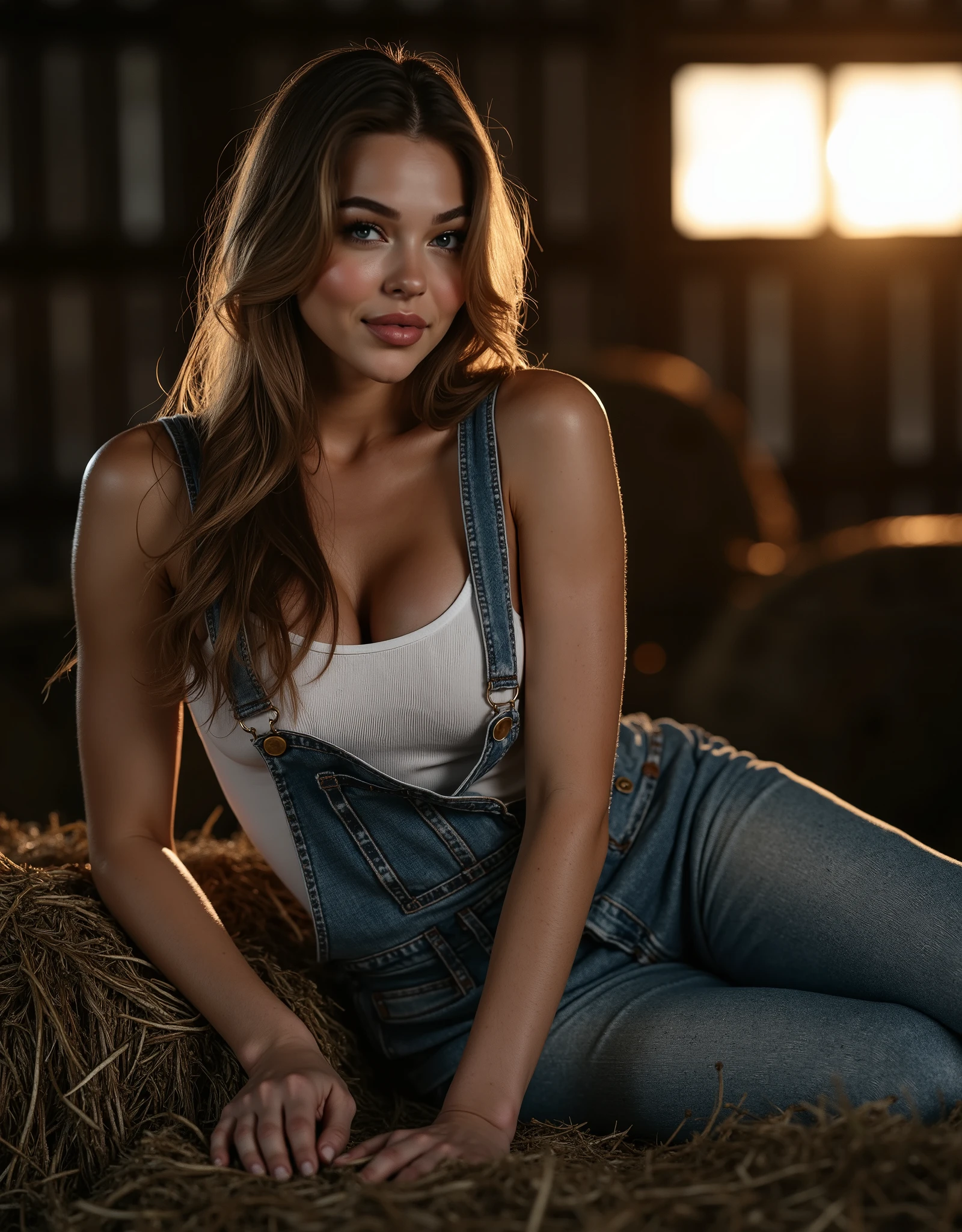  (Best quality, hyperrealistic, 8k, 32k, Masterpiece, UHD:1.2), full-body shot of a woman with long, flowing hair and glowing pale skin, reclining on a bale of hay in a rustic barn. She wears a pair of worn denim overalls and a white tank top, with one strap slipping off her shoulder. The soft light of the setting sun filters through the barn windows, casting a warm glow on her skin.