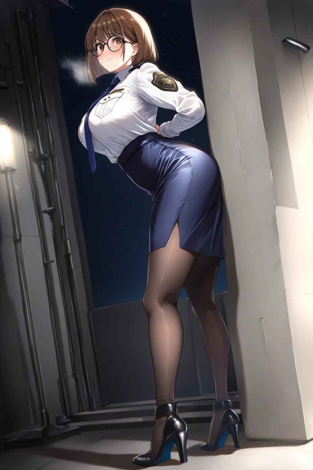 masterpiece, best quality, highres, mujina, solo, white gloves, necktie, purple shorts, short necktie, corset, purple necktie, light brown hair, short shorts, sleeveless, bangs, from behind, ass, standing, street, outdoors, surprised,
