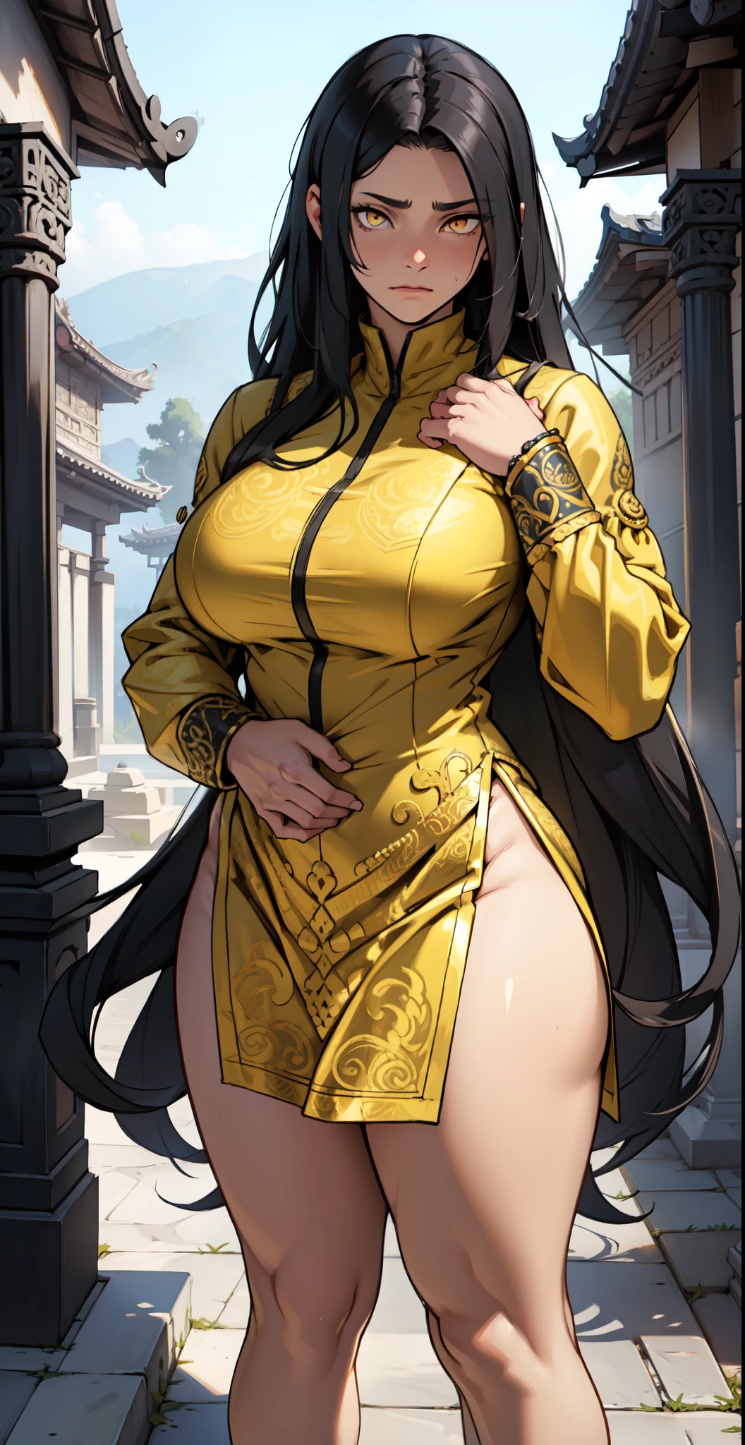 4k, high quality, soft light, cel shading, thick lines, short black bob hair, dark eyes, sexy, big breasts, thick thighs, wide hips, chinese dress, leg slit, muscular, toned, long flowing chinese dress, ornate, jewelry, hair bun, hair accessory, sexy anime lady, thicc, thick lady, thick hips