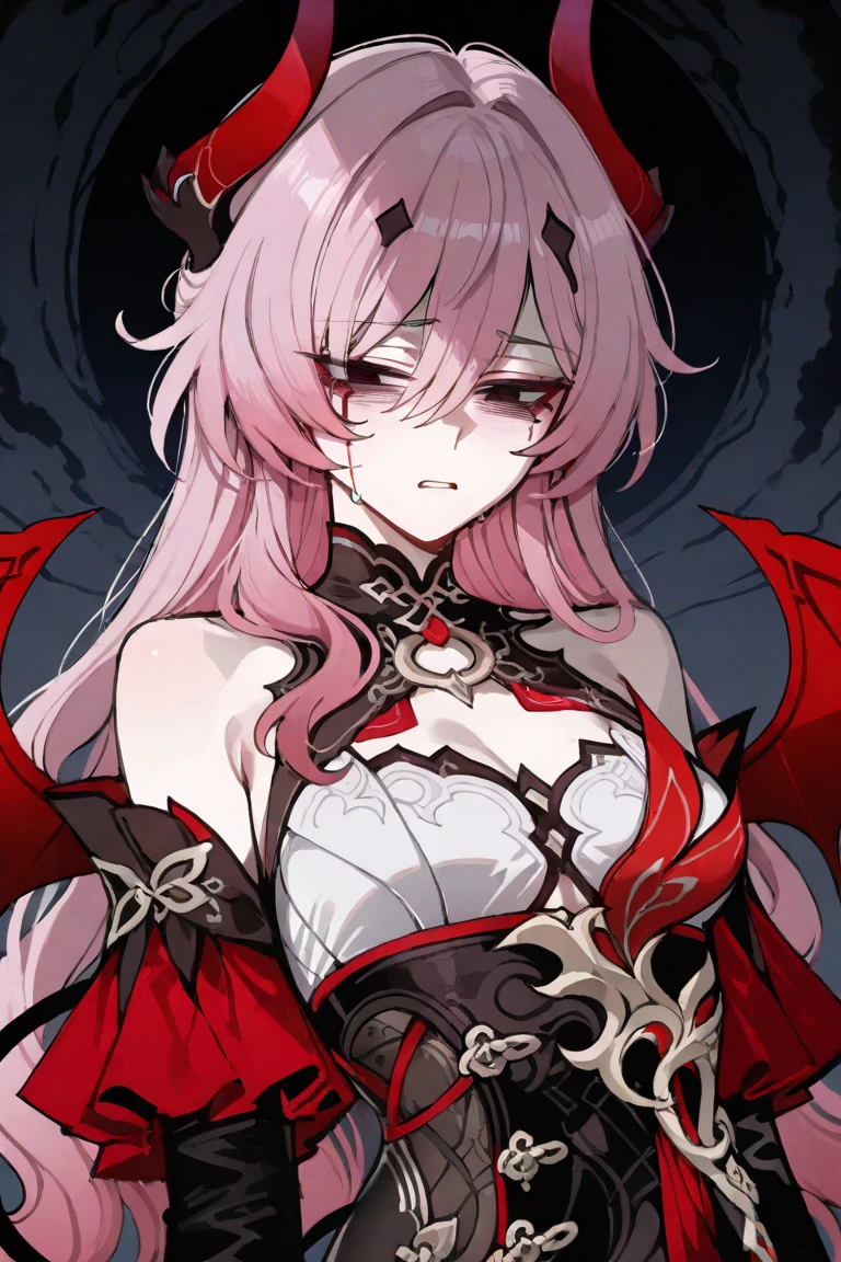 ((Highest quality)),(Ultra-high resolution),(Ultra-detailed new),(Detailed Description),((The best CG)),(masterpiece),Highly detailed art,A wonderful new art form,(Art with precise details:1.5), (Female Devil:1.4),Beautiful and well-proportioned face:1.6,(Large, sharp corners:1.3),(dress;1.7),disaster々Thorns:1.8,(Sharp crimson eyes:1.6),(White porcelain skin:1.6),(Earrings:1.3),