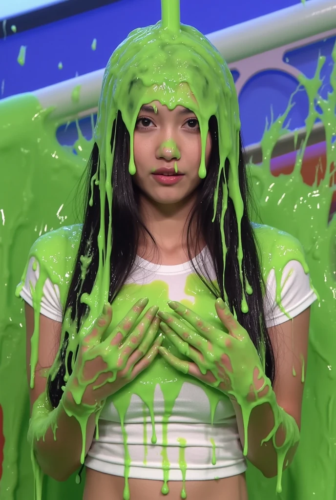 8k, hd, masterpiece, hyper realistic, super detailed, extreme realism, photo realistic, (Asian woman moaning in pain: 1.9), school uniform, white shirt and skirt, (inside game show set: 1.9), game show studio, cleavage, beautiful face, delicate eyes, detailed faces, (wet slime dripping down both women: 1.5)
