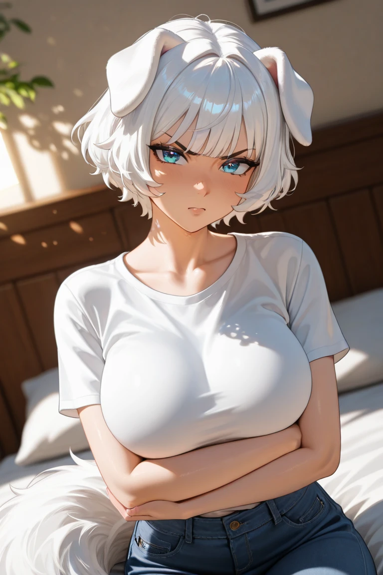 masutepiece high-level image quality Top image quality 8K Lady(Soio) Portrait white long glovelan gloves)) white panty hose((blanche)) an lingerie((Tube Top)blanche)) gargantilha lead Wolf ears shorth hair((short-cut)(White hair)(perm)(fluffly)) Eye color is blue Spoiled face((seductiv)(Red cheeks)) on the beds all-fours