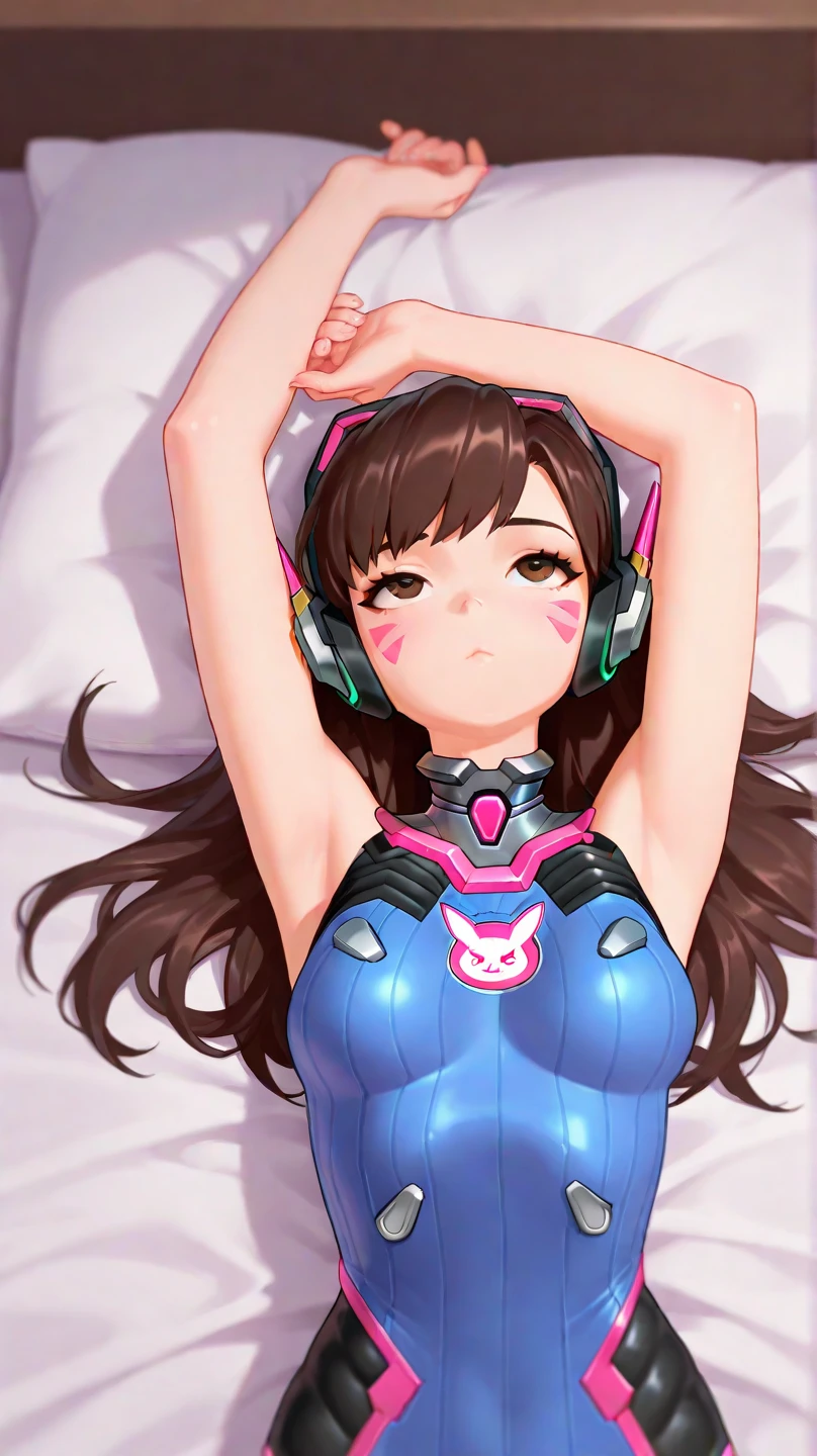 Masterpiece, Best Quality, High Resolution, 1Girl, Ultra High Resolution, Solo D.VA, Headphones, Pink eyes, Brown Hair, White Gloves, Face Decoration, Full Body Shot, Cute, Realistic, Cute Pose, Perfect Body, Cyber Punk background, wet street, Crop Top Hoodie, Latex panties
