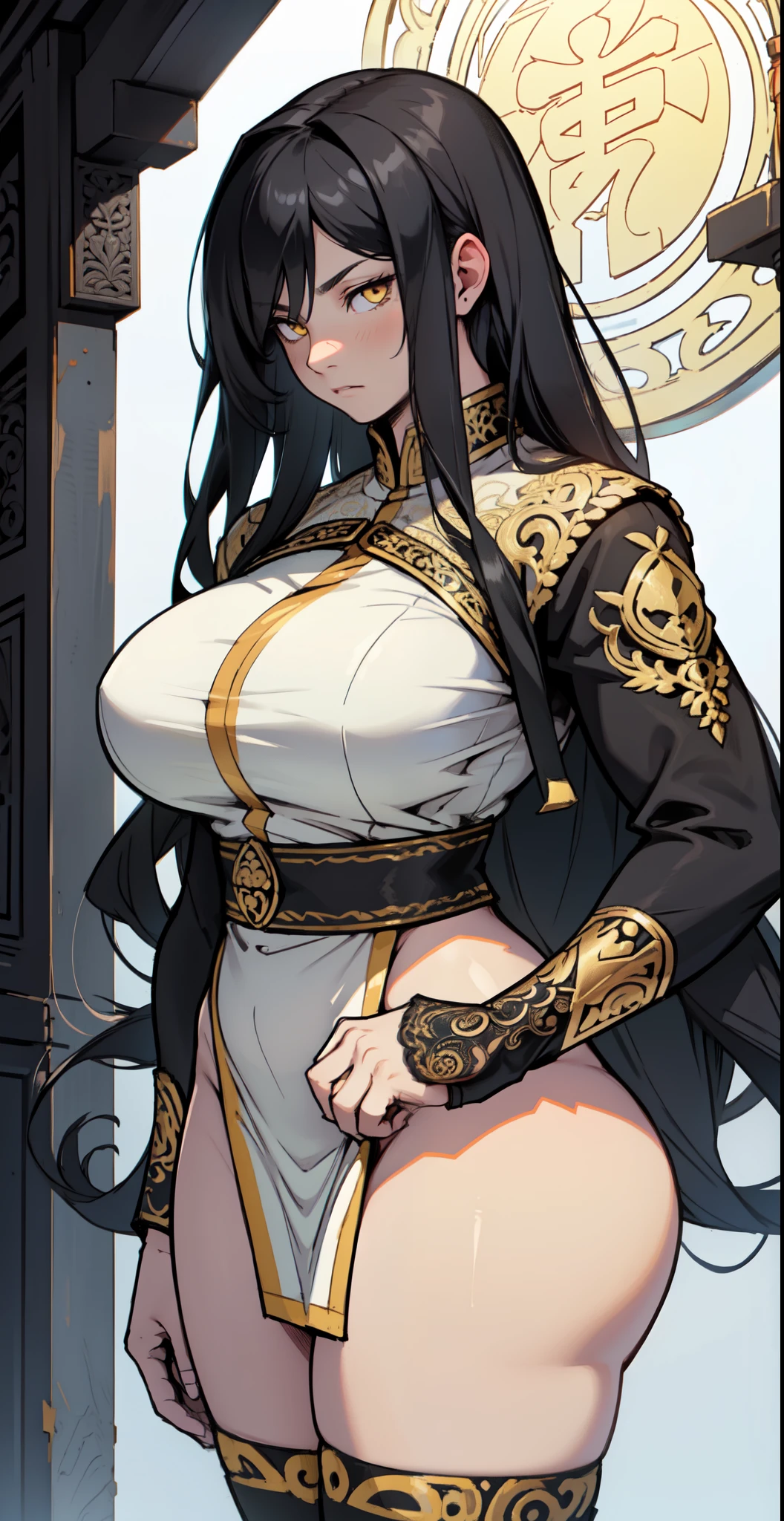 Cleopatra with extreme muscular body, gigantic muscular arms, gigantic muscular tights, geisha outfit, fair skin, black hair with ponytail and gigantic breasts.