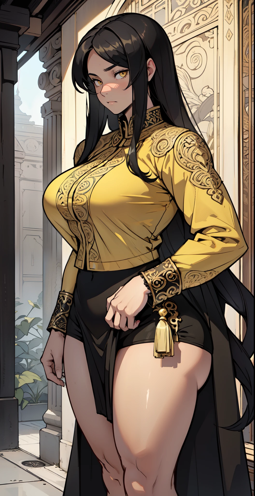 female, black long hair, red eyes, dark skin, (((1girl))), (((black and gold short sleeve minidress))), (gold bracelets), (gold heels), cute and sexy, full body, large breasts, long legs, smiling