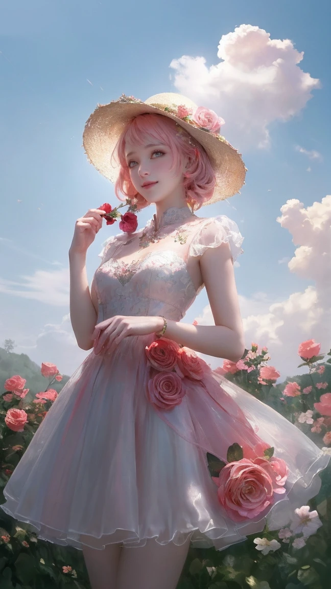 ((masterpiece, best quality)), 1 girl, flower, alone, skirt, Keep, Sky, cloud, have, Outdoor activities, Bangs, flower束, Rose, Poker face, blush, pink hair, flower field, red flower, pink eyes, white skirt, looking at the audience, medium hair, Keep flower, small breasts, red Rose, Keep flower束, sun have, white tiara, depth of field