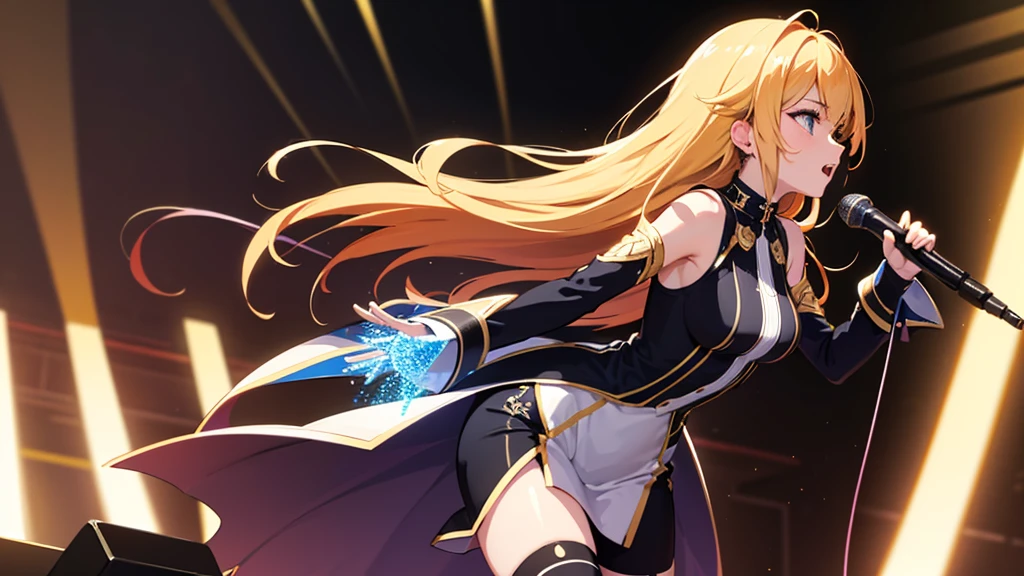 Ruby Hoshino, Hoshino Ruby, (Yellow hair:1.5), Long hair, One side up, (Pink eyes:1.5), side locks, (star-shaped pupils:1.5), (symbol-shaped pupils:1.5), (Mismatched pupils:1.5),Copy prompt prompt(Anime style:1.3), (Realistic, Photorealistic: 1.37), (masutepiece, Best Quality: 1.37), (よるのかい超hight resolution: 1.2), (Raw photo: 1.2), (Sharp Focus: 1.3), (Face Focus: 1.2), (Ultra Detailed CG Unified 8K Wallpaper: 1.2), (Beautiful skin: 1.2), (pale skin: 1.3), (Hyper Sharp Focus: 1.5), (Ultra Sharp Focus: 1.5), ( Beautiful pretty face: 1.3), (The face of the Japan actress:1.3), (ultra-detailliertな背景, Detail Background: 1.3), masutepiece, Best Quality, hight resolution, ultra-detailliert, Hyper Sharp, absurderes, Detailed face, White skin, Real Human Skin, (Detailed face), oval-face, pores, From below, low angles, looking down to viewer, ultra hight resolution, (8K, Raw photo, Photorealistic:1.4), BREAK, 1girl in, slim, (largebreasts:1.37, cleavage), Illustration of a scene of an idol singer singing enthusiastically on a live stage. Idol singer standing in the center of stage. Idol singer wears miniskirts and boots. Idol singer wears headset with hair up. An idol singer is holding a microphone and singing. The expression of the idol singer is serious and powerful. The singer's voice is strong and beautiful. Fans gather around the stage. Fans are singing and dancing with idol singers.
BREAK (masutepiece:1.2), Best Quality, hight resolutionであり, Unity 8k壁纸, (Illustration:0.8), (Beautiful detailed eyes:1.6), extra detailed face, Perfect Lighting, extremely details CG, (Perfect hands, Perfect Anatomy),
