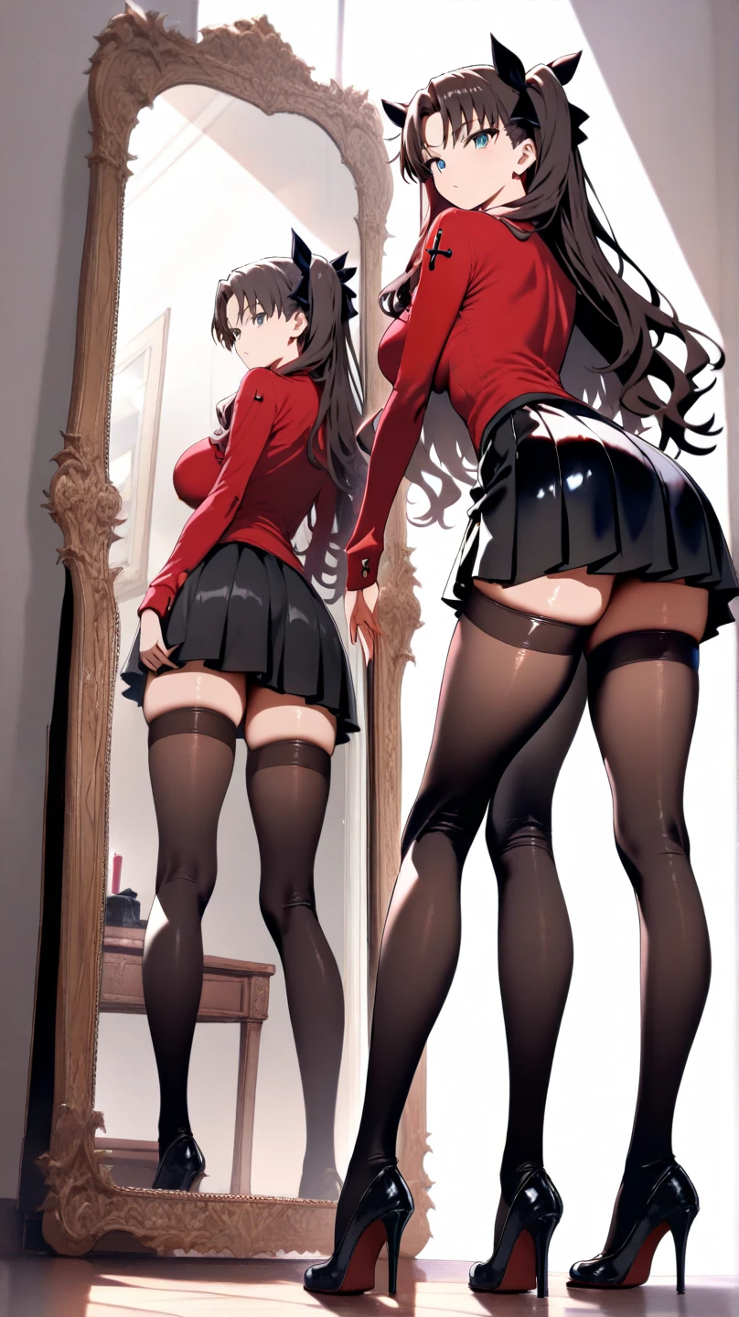One Woman、beautiful girl, Highest quality, Thick thighs、Big Ass 、Big Breasts、Black Hair、Long Hair、Bangs、Red Blazer Uniform、Angle from directly below、Intimidating attitude、School、Many students behind、The gesture of pulling up the hair、Short pleated skirt、Black Pantyhose、Black panties under pantyhose、walk、Climbing the stairs、Schoolの階段、Angle from directly below