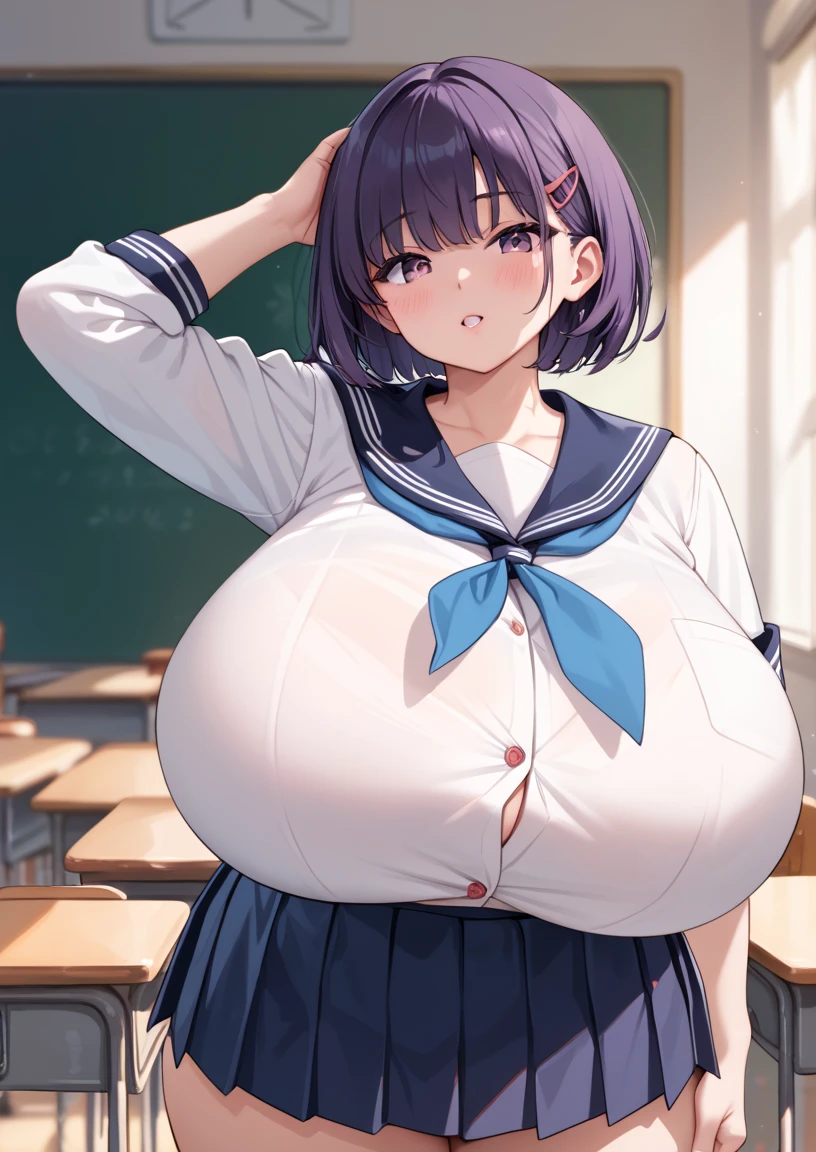 oboro、Medium Hair、Reddish purple hair、Super huge breasts、、Sailor suit、ee-through、Embarrassed、blush、belly button、classroom