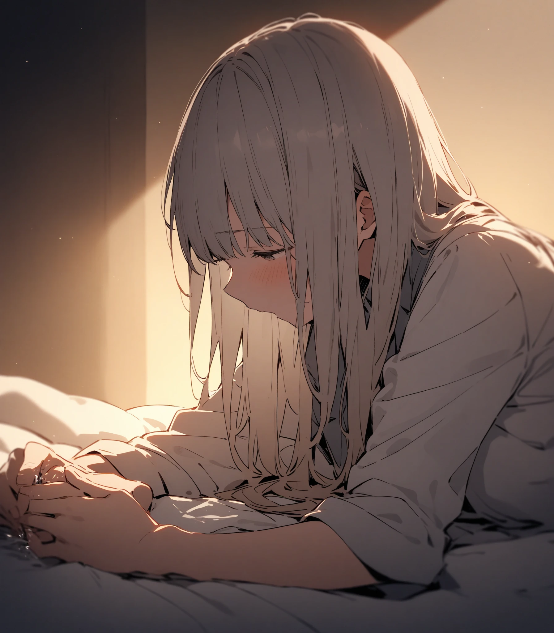A wonderful masterpiece, Lazy,Oversized T-shirt,Rice crackers,Lying down,Watch TV,Gray Hair,long