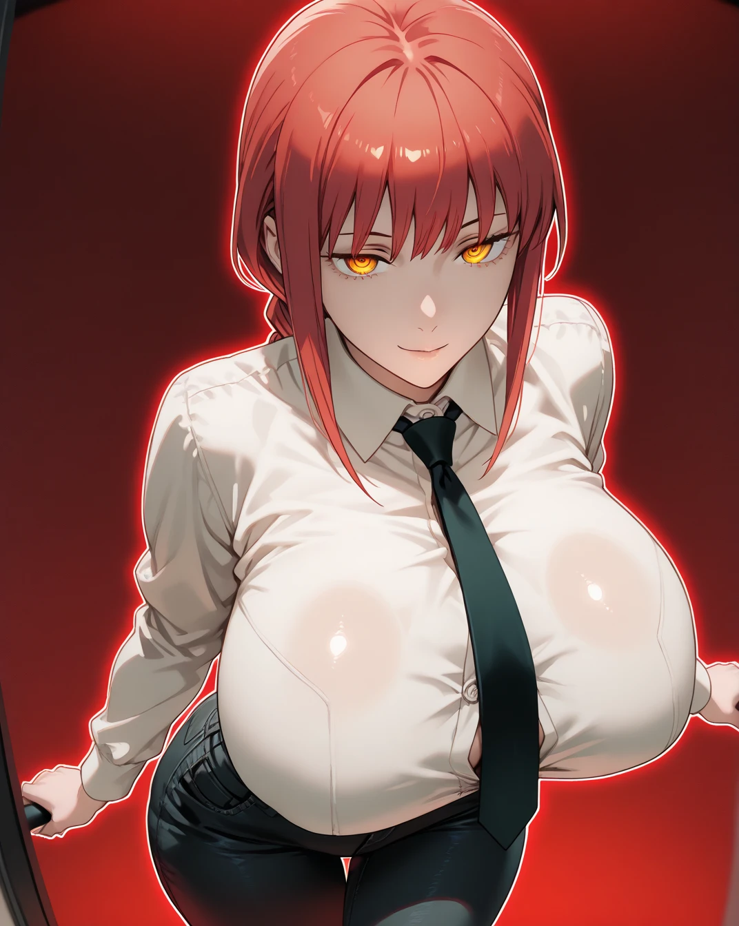 sexy, NFSW, white skin, anime woman, happy, glowing green eyes, extremely short glowing orange hair, wearing a suit