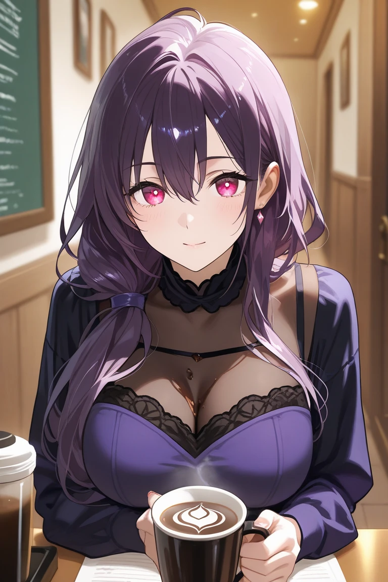 (Best Quality, Masterpiece),sexy, erotic, 1girl, 18 years old, Contempt, pride, long purple hair, ((purple eyes)), looking at viewer, medival tabern, (close up), ((dark room)), sweat, candle lit, (((blushing))), ((cleavage)), ((white bra)), ((against glass))