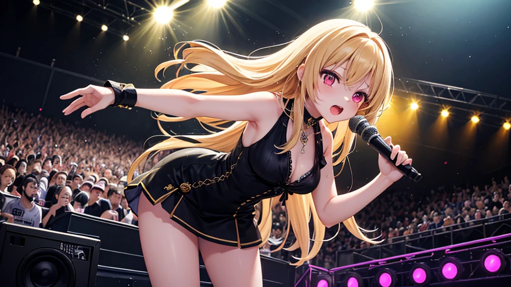 ((1girl)),((alone)),Ruby Hoshino, (oshi no ko),(masterpiece), (best quality), (ultra detailed), (best illustration), (best shadow), (absurdities), sharp focus, cowboy shot, atmospheric perspective, depth of field, dynamic posture looking at viewer, medium breasts, narrow waist, wide hips, wide thighs, round butt, erotic, romantic, (very detailed eyes, 1.1 lips), very detailed, eyes, Very detailed face, Very beautiful face, Symmetrical face, Aesthetic face, perfect face, perfect eyes, detailed eyelashes: 1.5), full height, beautiful slim figure, femininity, expressive appearance, elastic medium breasts, sexuality, half-open lips , long hair, blonde hair, (one side up), dark pink eyes, (red iris: 1.1), (star-shaped left pupil: 1.5), mismatched pupils, symbol-shaped pupil, (idol costume pink: 1.2), black gloves, short sleeves, bare bras, bare legs, black boots, headband, microphone, outdoors, Heart, , hand on hip, curves, defined body, Perfect and beautiful body, perfect and beautiful, closed mouth, flirtatious expression, smile, blushing, (sexy pose: 1.2), ((solo)), standing: 1.3,((outdoor, show, neon lighting: 1.3), (colorful light flashes: 1.3), (light particles: 1.3), (confetti: 1.2), (Idol's outdoor stage decorated with colorful spotlights and cute decorations :1.2) )),looking back,from behind,((focus on butt)), point of view:(from middle), perfect anatomy, perfect hands