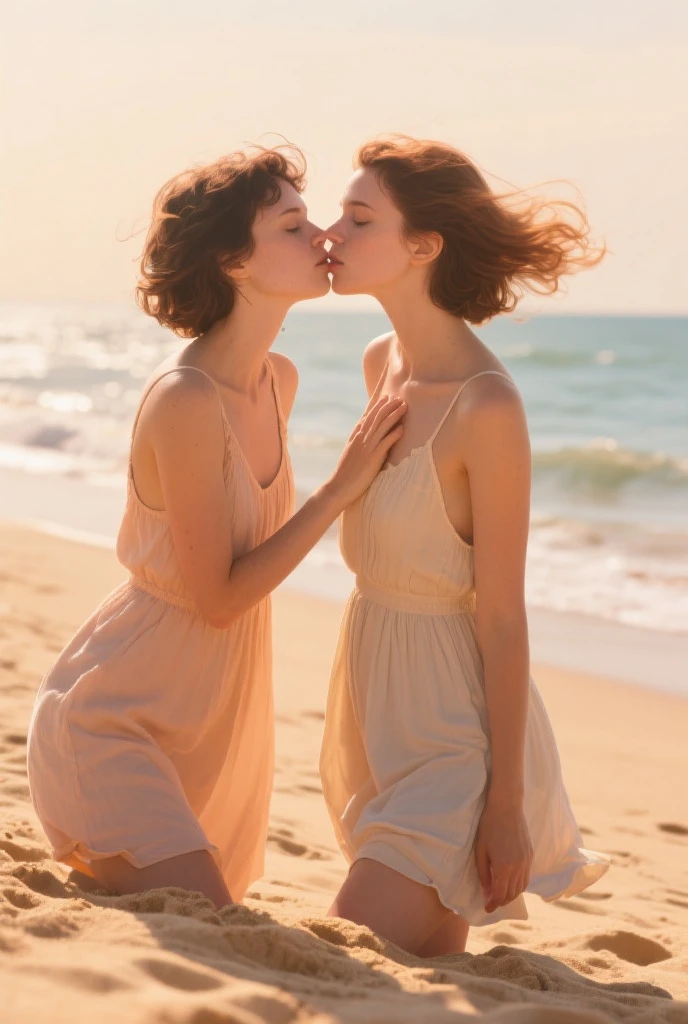Very happy skinny young kids with short ginger hair, dressed in light short summer-dresses, play to kiss at Ile-Tudy beach 