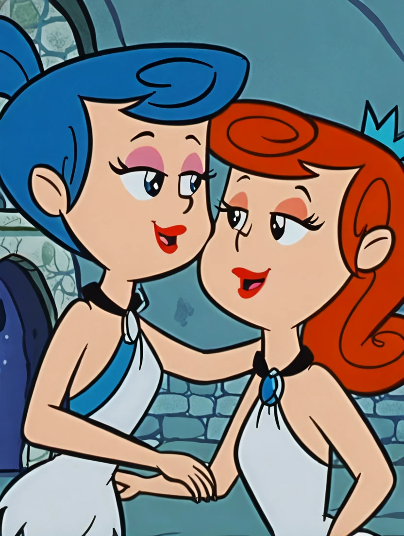 bl_oom, 2 girls, ginger hair, blue eyes, looking at viewer, smiling, open mouth, tongue out, black makeup, black corset, strapless, naked big Breasts, naked shoulders, french kissing, making out, lesbians, kissing, simple background, portrait, head to stomach shot, (extreme detail 2.0), score_9, score_8_up, score_7_up,