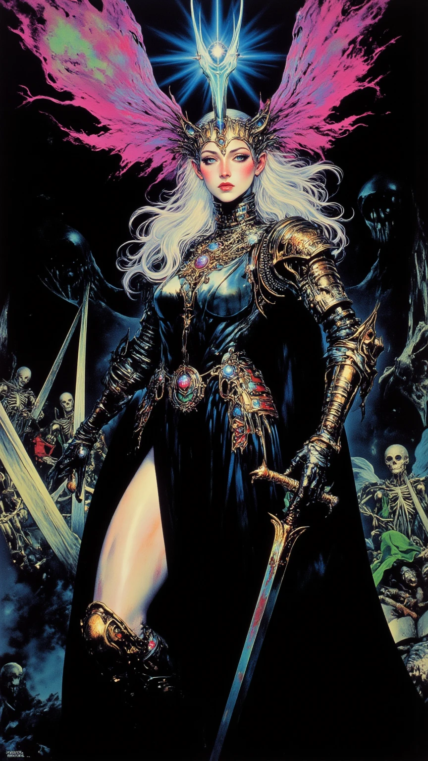 <lora:Fantasy_art_XL_V1:0.9><lora:HeavyMetalStyle-000009:0.9>taarna,(white)(hair, lips, eyes , <lora:xl_more_art-full_v1:0.5>Art by Frank Frazetta, Frank Frazetta Art Style, taarna holds her sword to the side as lightning strikes the blade and flashes all around <lora:more_details:0.4> <lora:Fantasy:0.2>