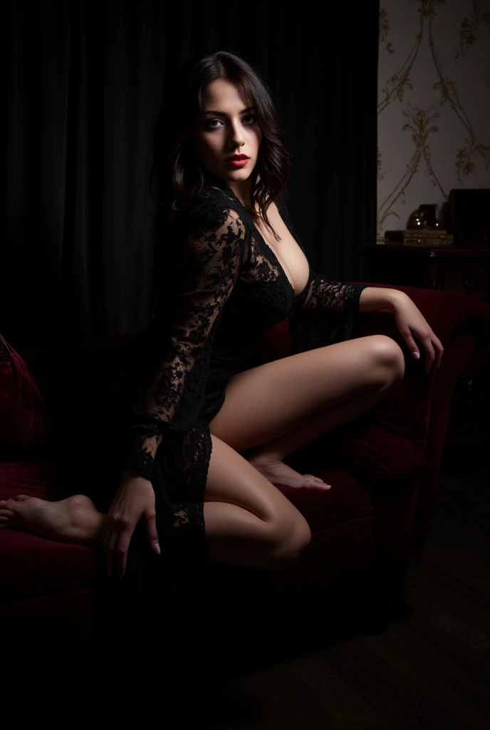 whole body, long_Hair, gorgeous, city girl, neckline, Blue eyes, black dress with white lace,  big breast, hot girl, taken in studio , pose sensual (Masterpiece), Best Quality, high resolution, extremely detailed, cinematic lighting,