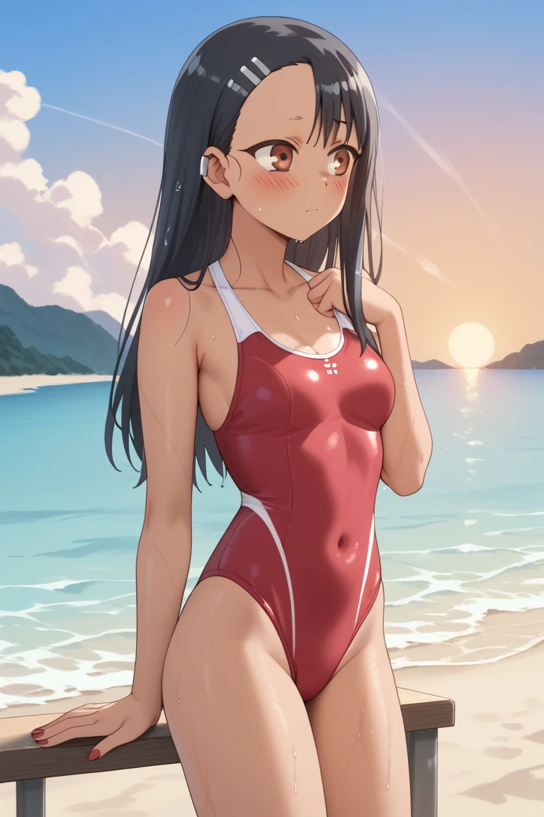 (masterpiece:1.2),(Highest quality), (High resolution), (unity 8k wallpaper), (shape:0.8), (Beautiful attention to detail:1.6), Highly detailed face Yorbraia, (Yor Briar), Black Hair, (Red eyes:1.5), Earrings, Long Hair, white hairband, (Medium Breasted:1.2), smile, Put your arms behind your back, whole body, Extremely detailed CG, (Perfect hands, Perfect Anatomy), ( white competition swimsuit), (wet), View your viewers, enter the sea, (from below: 1.2), Cowboy Shot, dutch angle, Outdoors, beach