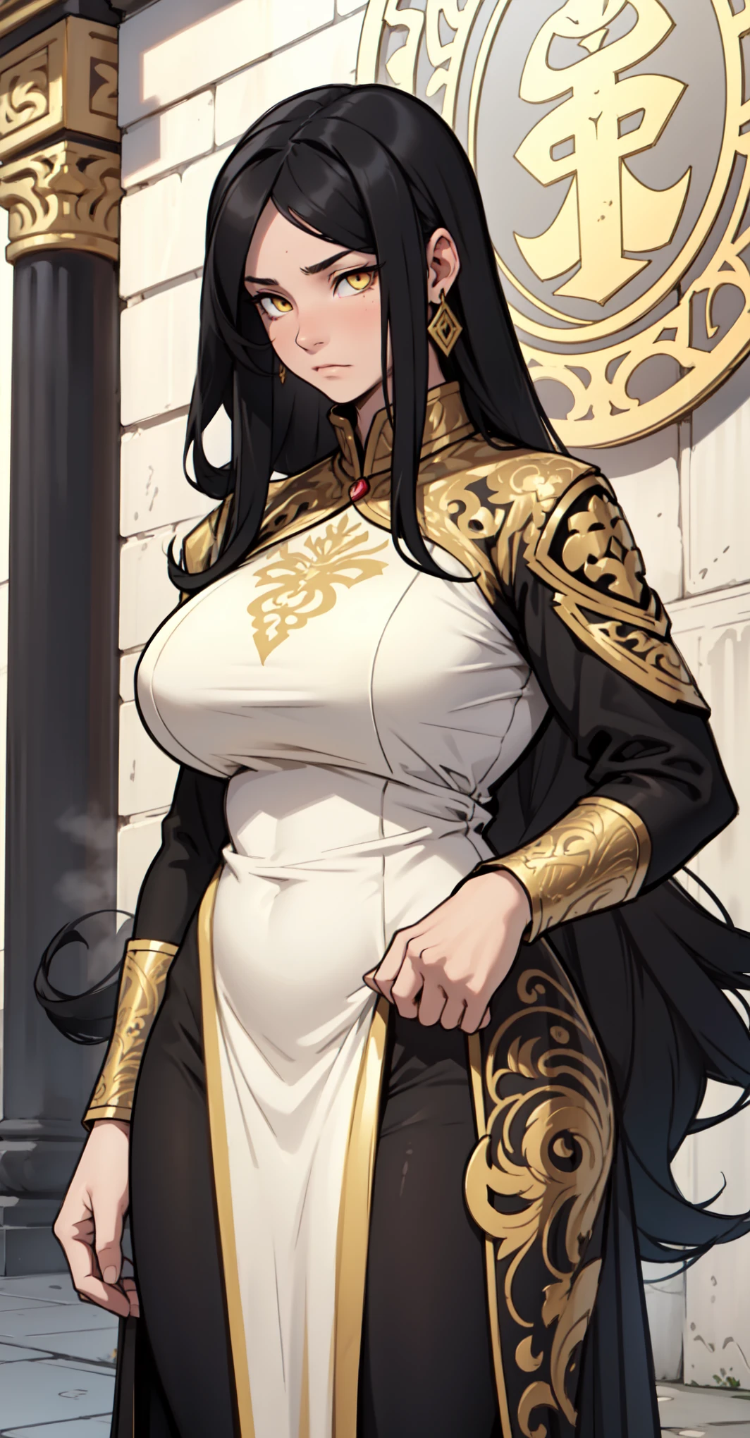 ((very long hair wavy hair messy hair)) black hair yellow eyes pale skin solo 1girl ((muscular)) girl huge breasts sad dress night royalty solo
