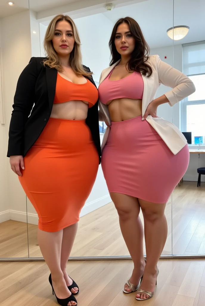 A 35 years old woman, walking in the city, ((holding hand with a handsome business man)), the woman has a face like Julia Roberts, wearing a bright colored knitted turtleneck top, business trousers, high heels, ((huge saggy breast)), (very slim waist), wide hips, (full person view, from head to toe)
