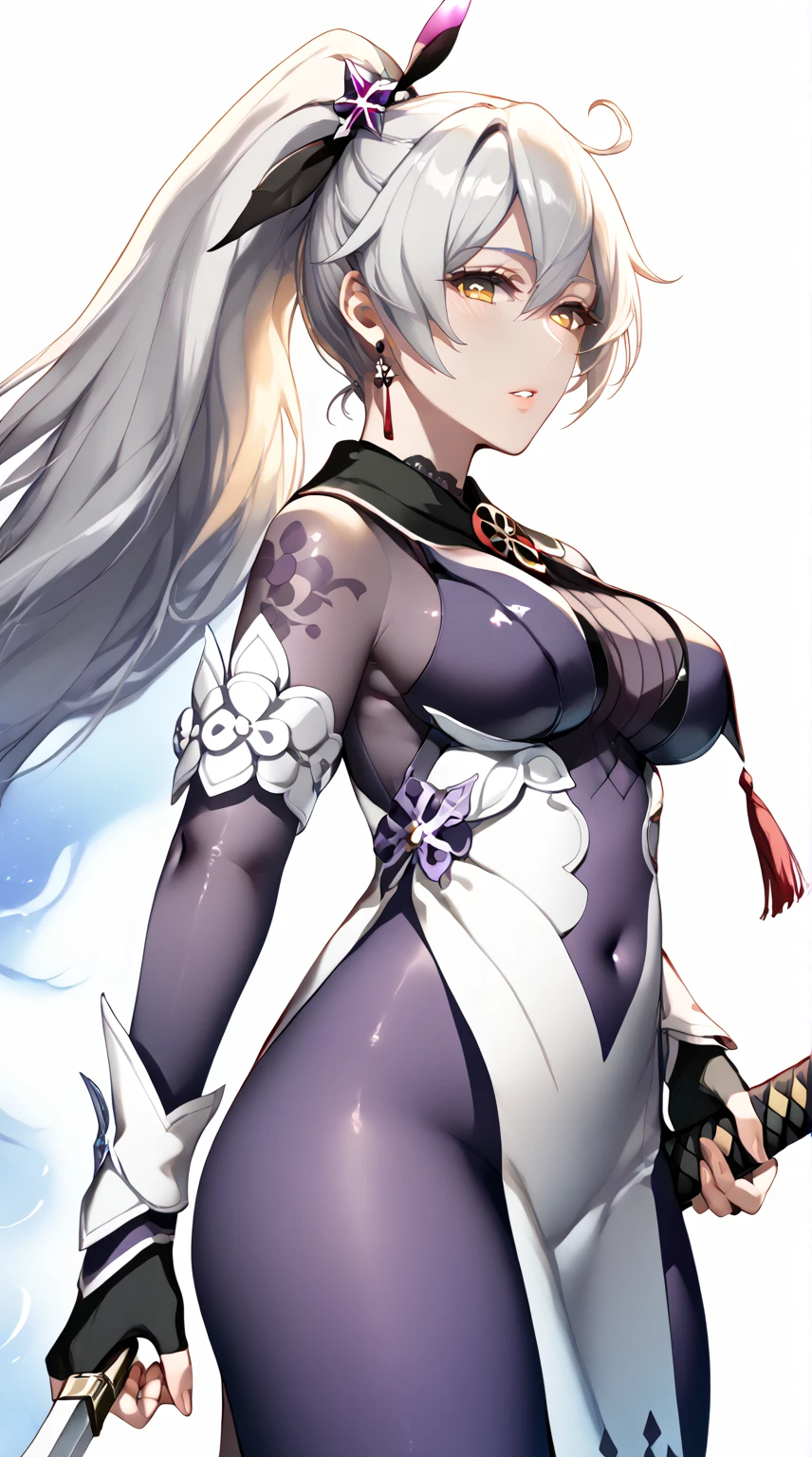(puuzaki_puuna(punopupupu) style:0.8), ((Cinematic, unreal engine, eye-catching, ambient occlusion, UHD, masterpiece)), ((perfect lighting, dappled sunlight)), HoV, long hair, white hair, yellow eyes, symbol-shaped pupils, hair between eyes, kiana kaslana, dark persona, ahoge, (skindentation:1.2), (thick:1.2), plump, 1girl, weapon, breasts, solo, sword, katana, bodysuit, gloves, looking_at_viewer, fingerless_gloves, glowing, holding, parted_lips, white_background, holding_weapon, simple_background, rope, purple_bodysuit, covered_navel, armor, holding_sword, tassel, tabard, black_gloves, (aura:1.2), ((silver aura))