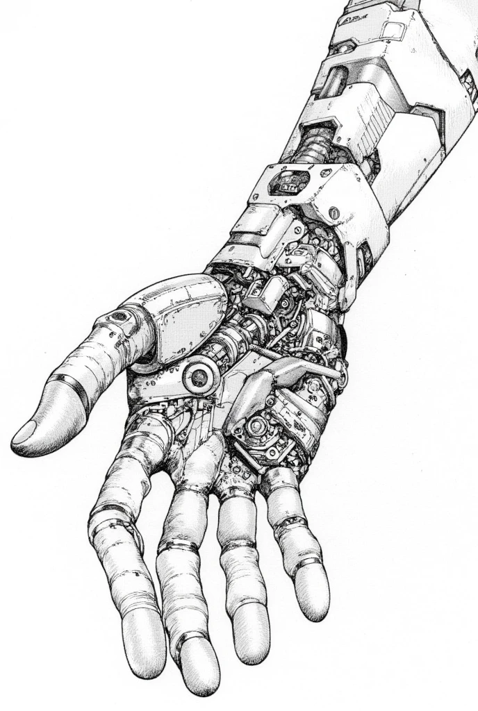 masterpiece、best quality、illustration style、Black and White、Line Art、otomo style, mechanical hands,