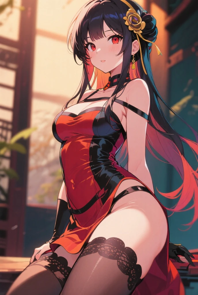 (Realistic:1.3), (masterpiece:1.2), (photoRealistic:1.2), (highest quality), (Detailed skin:1.3), (Intricate details), Reduces light reflections, 1 woman, 20 years old, Detailed skin texture, (blush:0.6), Scattered beneath the surface, ((smile)), ((Black Hair)), (under layer of hair is black), (Straight Hair), medium Long Hair, (Calm hair), bangs, Hair between the eyes, Hair volume is low, Sparkling blue eyes, Lens Eye, Light reflection in the eyes, Highlight in the eyes, Symmetrical eyes, looking at the camera, a hair ornament, (wearing Red Chinese Dress), A Slit is only on the one side, minif skirt, Only two arms, Five fingers, Two joints in the fingers, barefoot, Depict from head to thighs, ((from behind)), ((temple)), (black g-strings panty), thong ((Show her anal)), Do not mix clothes and panties, Panties partially removed, (((Show her back))), Show her ass, (((Flip up the dress))), Photographing panty strings, Sideboob, nature light, she Grab her hip with both hands, (Open your buttocks with both hands), Spread your legs a little, ((anus)), (Scapula), ((The front and back of the skirt are the same length)), Put your hands on the desk, Stick your butt out, in the room