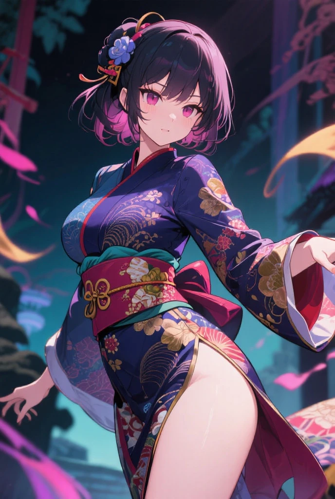 ((gigantic breasts)), ((gigantic cleavage breasts)),((Cleavage is seductive)), (super gigantic breasts:1.5),(Super wide breasts:1.5), (Masterpiece: 1.2), (Super Detail), (Best Illustration), (Nezuko), ((breasts are about to burst))), (solo), (solo girl), (((Her ample breasts spilling out))), (((barely-fitting kimono))), (({long hair, black hair, wavy hair, fair skin, pink nails, pink ribbon to the side tying her bangs together, soft-looking pink eyes, Sakura colored kimono, geometric triangle design})), (curvy:1.5)
