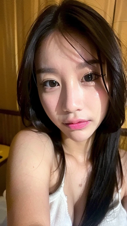 Gentle portrait of a beautiful Asian woman, flowing hair, captivating blue eyes, delicate features, radiant smile, natural makeup, elegantly dressed, ((Pink colour Boatneck Sleeveless Vintage Tea Dress)), ( hair adornment、bow ribbon、frilld、shairband、Jewelry Accessories ), gentle expression, slight blush, warm skin tones, fantastic lighting, soft shadows, high-resolution digital painting, realistic style, artistic interpretation, by a skilled portraitist.