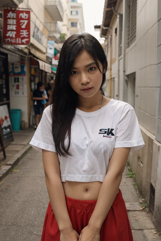 photo of a fit tan skinned, thai female model, black hair, wearing white shirt, posing like a model in the slums, medium length hair, medium hair, UHD, masterpiece, high quality, best quality, highres, retina, textured skin