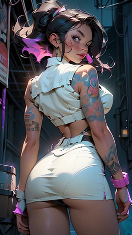 highly detailed portrait of 2 tatooed women, one black woman in a mini-dress and one Caucasian woman in a mini-dress, 2girls, by Atey ghailan, by greg rutkowski, by greg tocchini, by James gilleard, by Joe Fenton, by Kaethe butcher, voluptuous, super detailed face, ample curvaceous, highly detailed accentuated big booty with phenomenal detailed booty cheeks, great aesthetics, gradient purple, neon color scheme, grunge aesthetics, nightclub background, cinematic lighting, 32k, uhd,